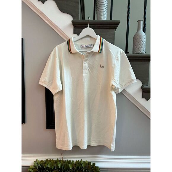 Pride Bunny White Rainbow Trim Polo Shirt sz M NWT LGBTQ - Picture 3 of 8